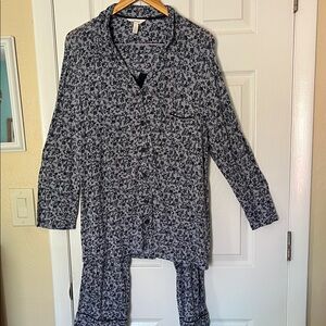 Soma pajama set blue floral long sleeve button long pants pockets rayon Large